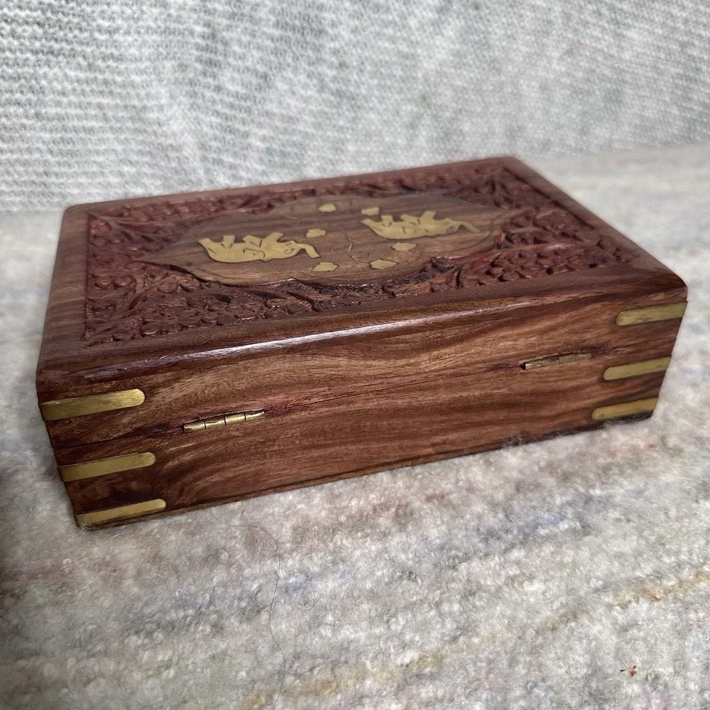 Hand‎ Engraved  Inlaid Brass Wooden Box Keepsake Jewelry Organizer &Storage